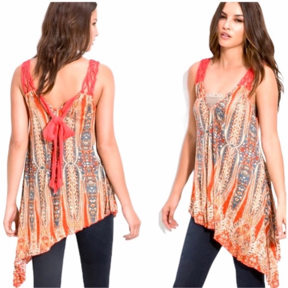 Free People Regal Macrame Orange Boho Print Tank Women’s XS